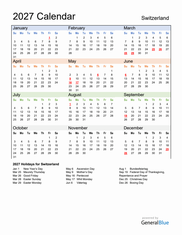 Calendar 2027 with Switzerland Holidays