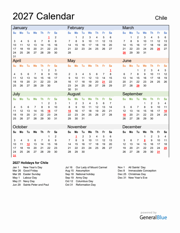 Calendar 2027 with Chile Holidays