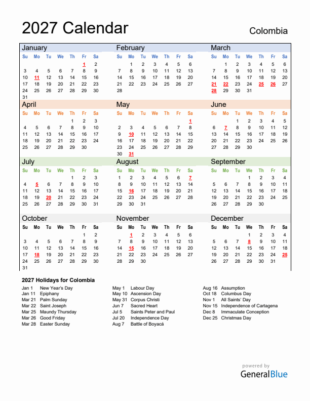 Calendar 2027 with Colombia Holidays