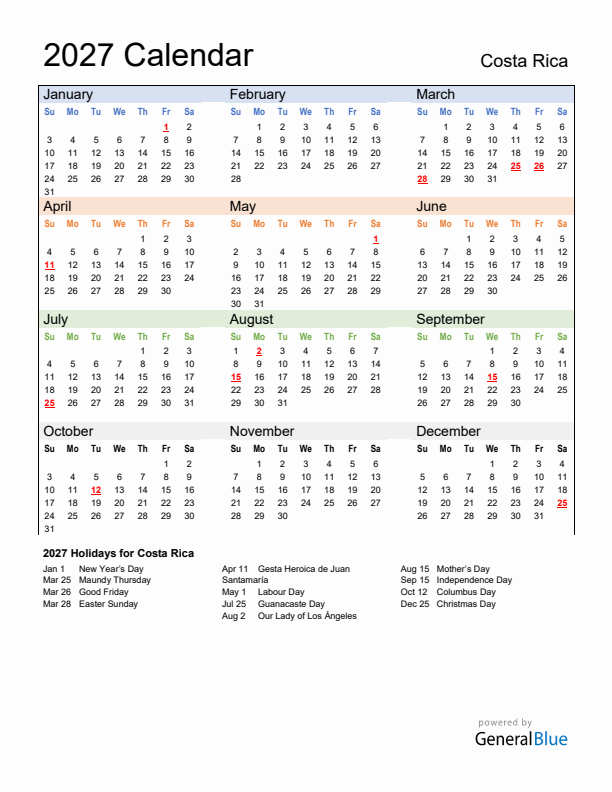 Calendar 2027 with Costa Rica Holidays