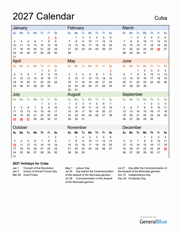 Calendar 2027 with Cuba Holidays