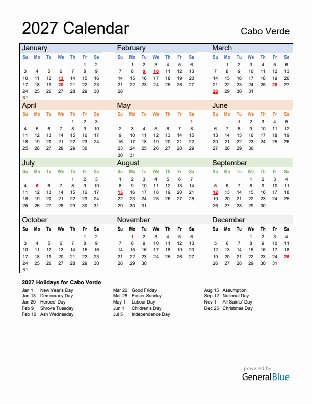Calendar 2027 with Cabo Verde Holidays