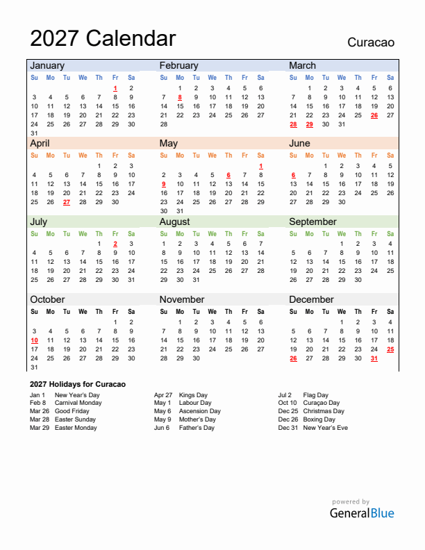 Calendar 2027 with Curacao Holidays