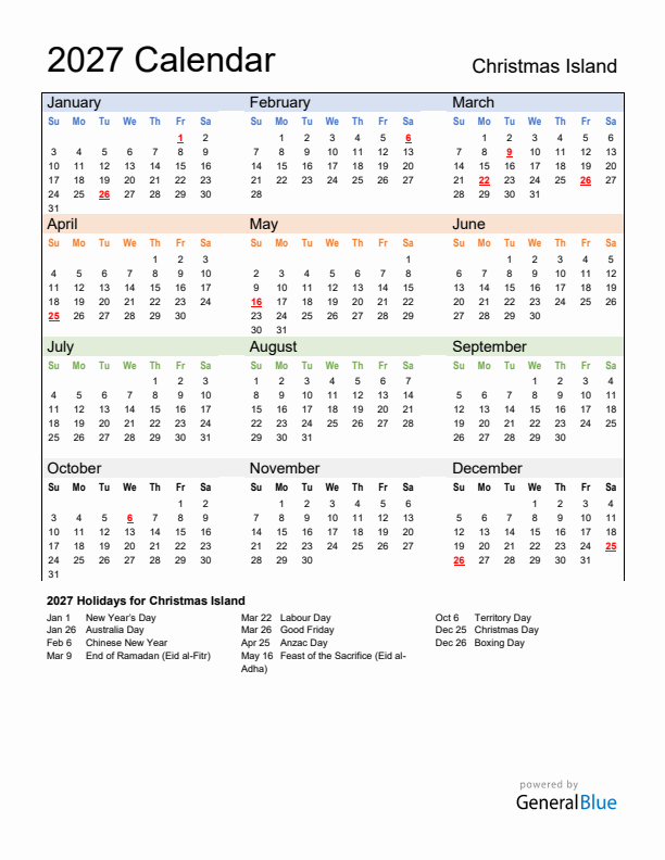 Calendar 2027 with Christmas Island Holidays