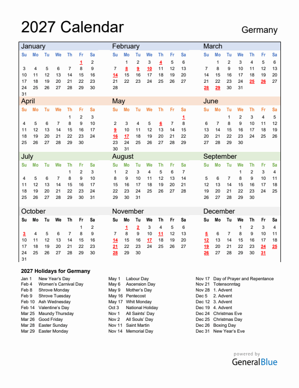Calendar 2027 with Germany Holidays