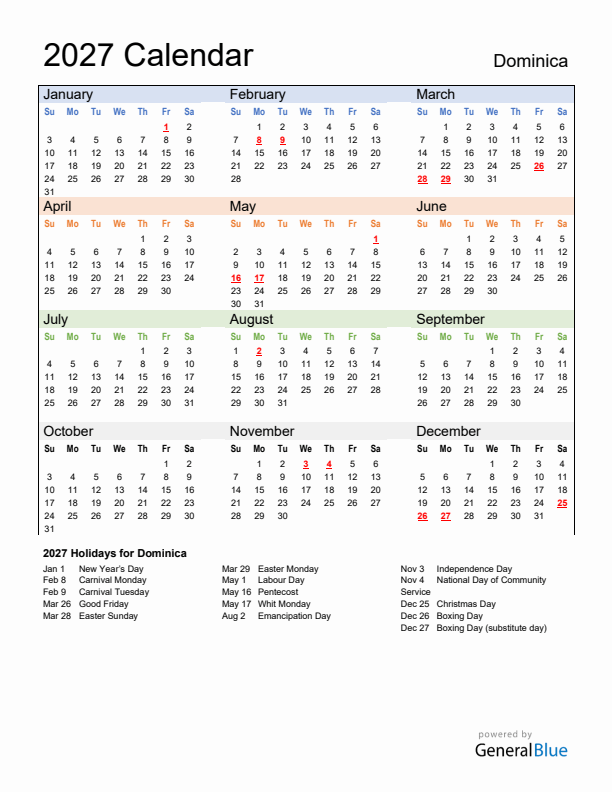 Calendar 2027 with Dominica Holidays