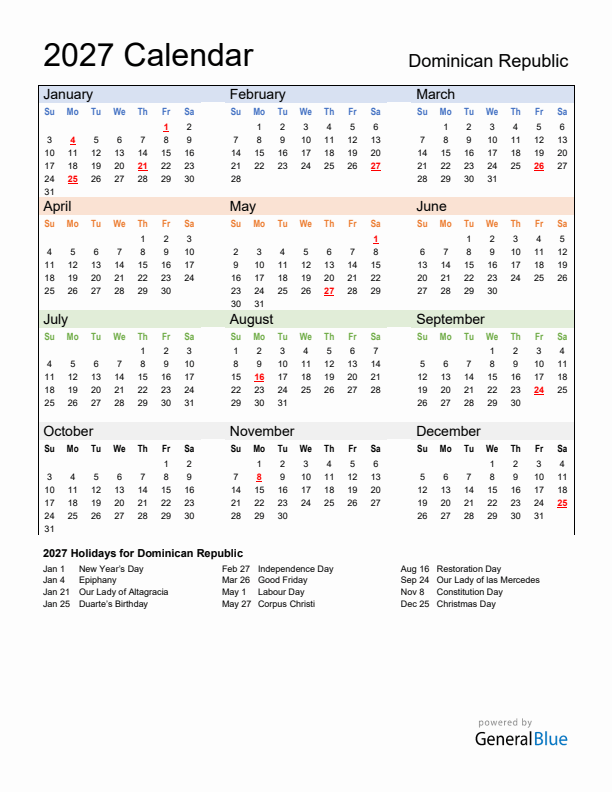 Calendar 2027 with Dominican Republic Holidays