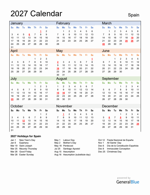 Calendar 2027 with Spain Holidays