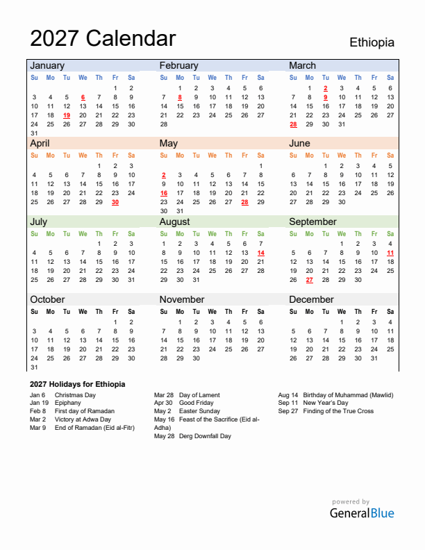 Calendar 2027 with Ethiopia Holidays