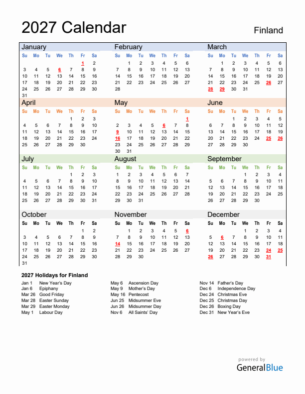 Calendar 2027 with Finland Holidays