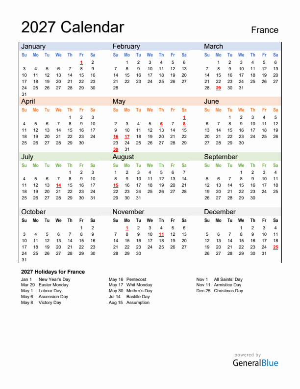 Calendar 2027 with France Holidays