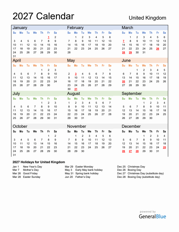 Calendar 2027 with United Kingdom Holidays