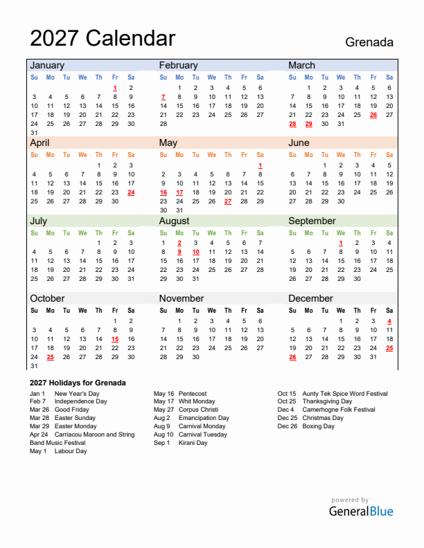 Calendar 2027 with Grenada Holidays