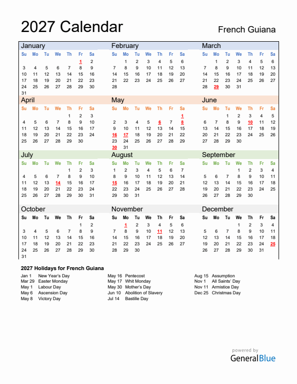 Calendar 2027 with French Guiana Holidays
