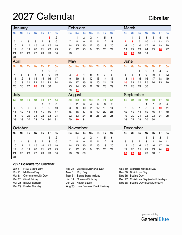 Calendar 2027 with Gibraltar Holidays
