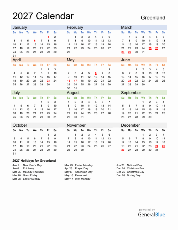Calendar 2027 with Greenland Holidays