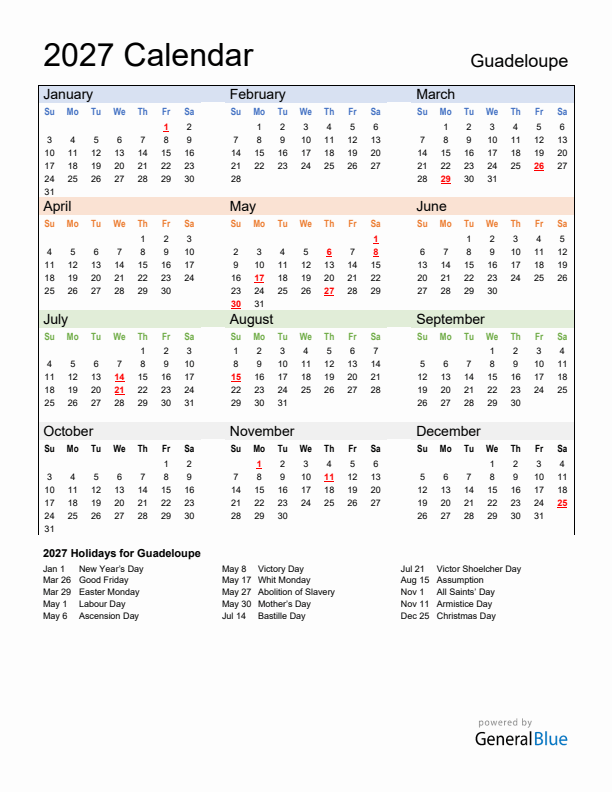 Calendar 2027 with Guadeloupe Holidays