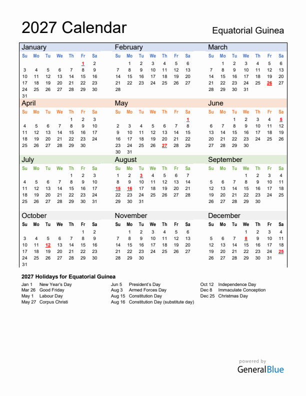 Calendar 2027 with Equatorial Guinea Holidays