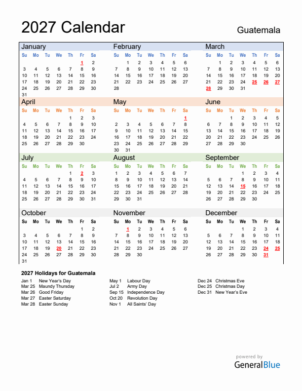 Calendar 2027 with Guatemala Holidays