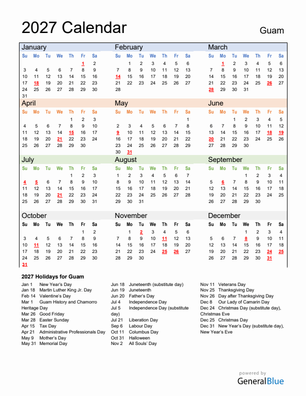 Calendar 2027 with Guam Holidays