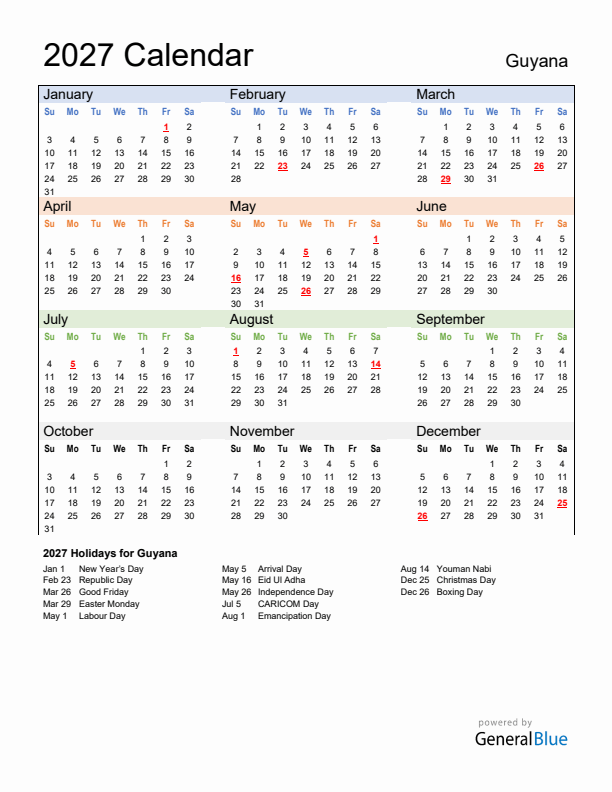 Calendar 2027 with Guyana Holidays
