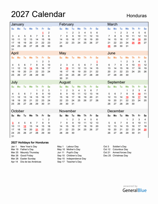 Calendar 2027 with Honduras Holidays