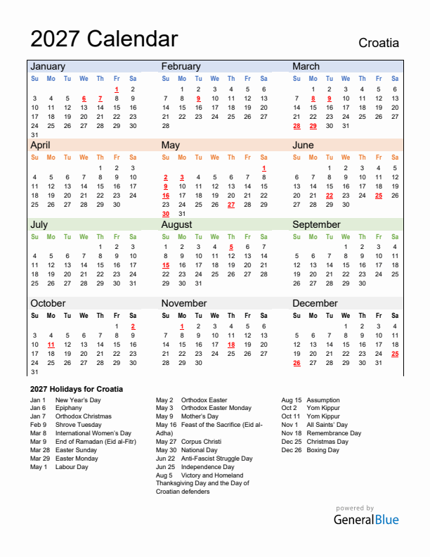 Calendar 2027 with Croatia Holidays