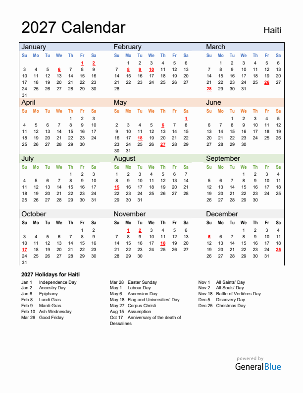 Calendar 2027 with Haiti Holidays