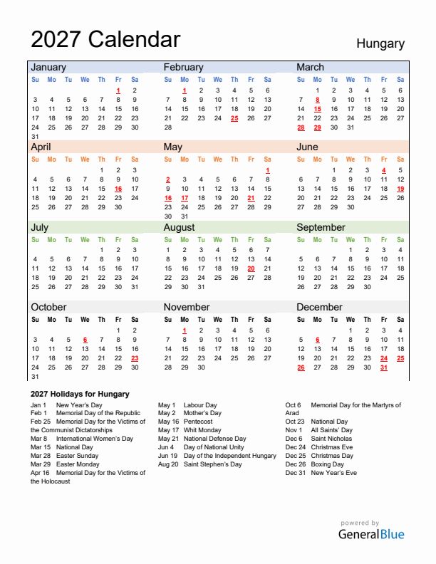 Calendar 2027 with Hungary Holidays