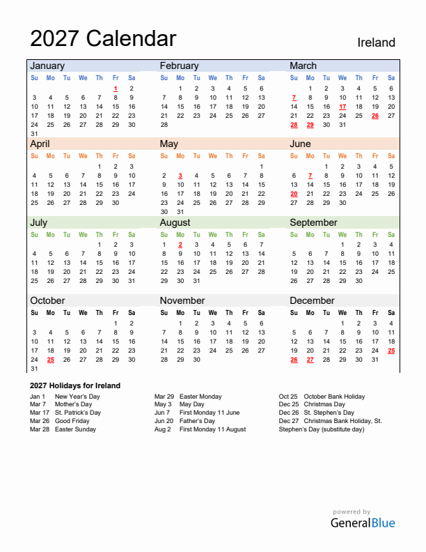 Calendar 2027 with Ireland Holidays