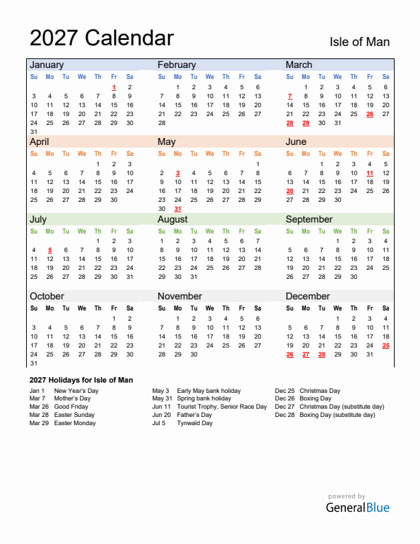 Calendar 2027 with Isle of Man Holidays