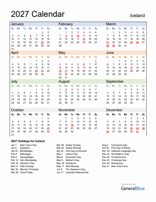 Calendar 2027 with Iceland Holidays