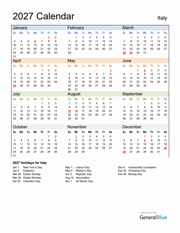 Calendar 2027 with Italy Holidays