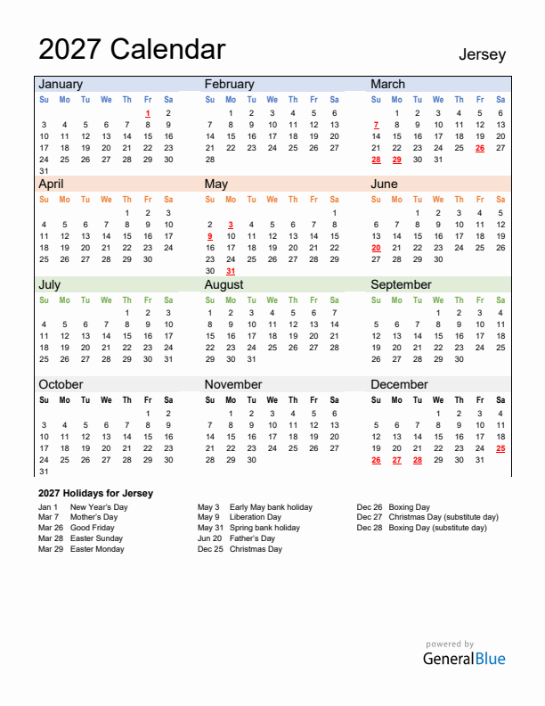 Calendar 2027 with Jersey Holidays