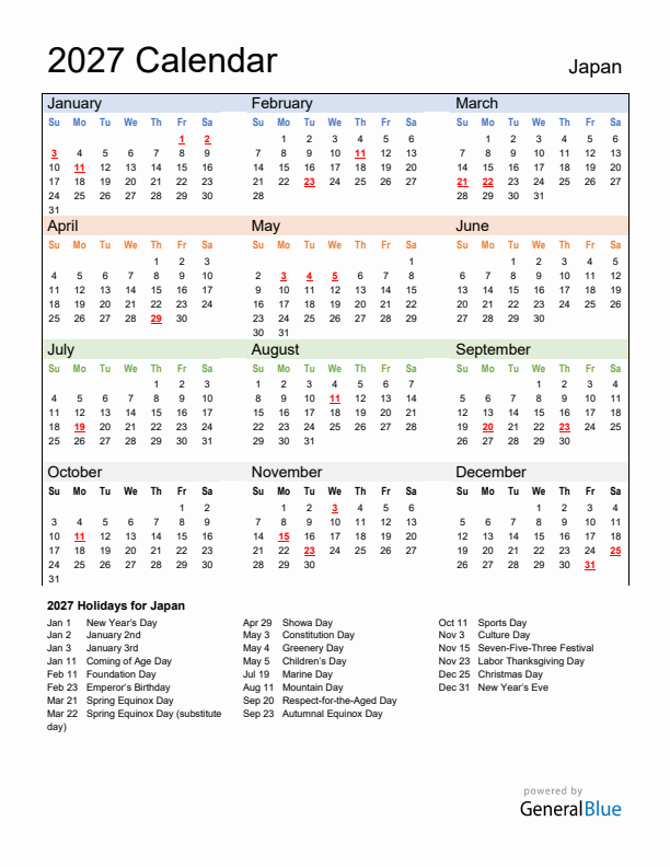 Calendar 2027 with Japan Holidays