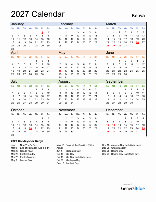 Calendar 2027 with Kenya Holidays