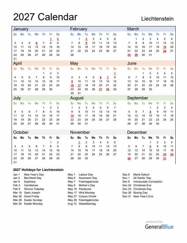 Calendar 2027 with Liechtenstein Holidays