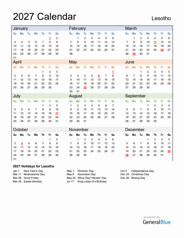 Calendar 2027 with Lesotho Holidays
