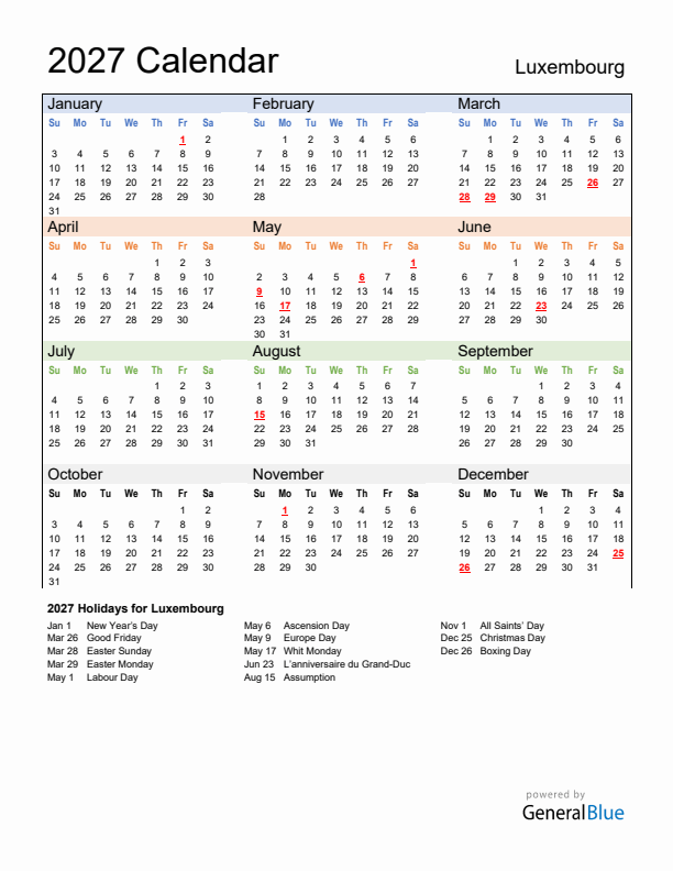 Calendar 2027 with Luxembourg Holidays