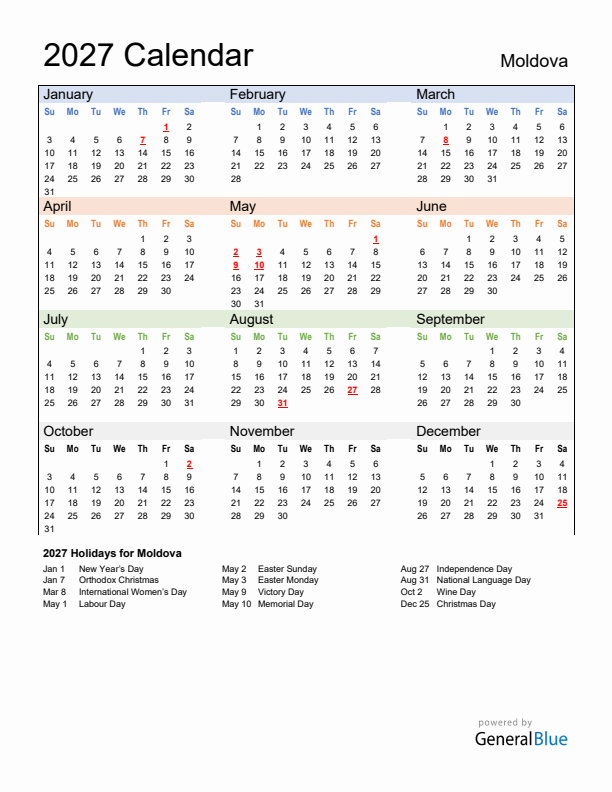 Calendar 2027 with Moldova Holidays