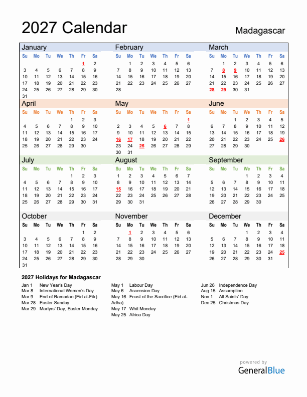 Calendar 2027 with Madagascar Holidays