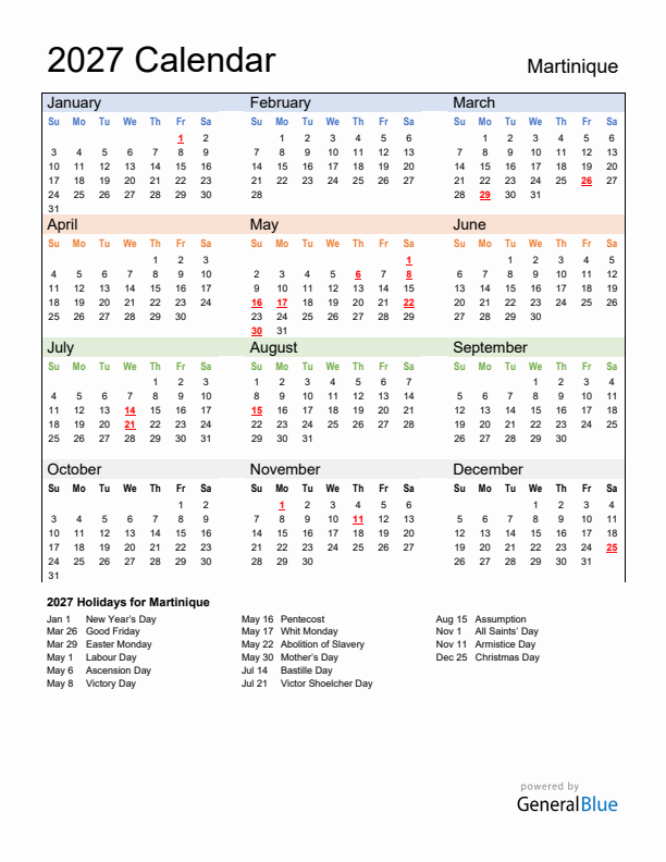 Calendar 2027 with Martinique Holidays