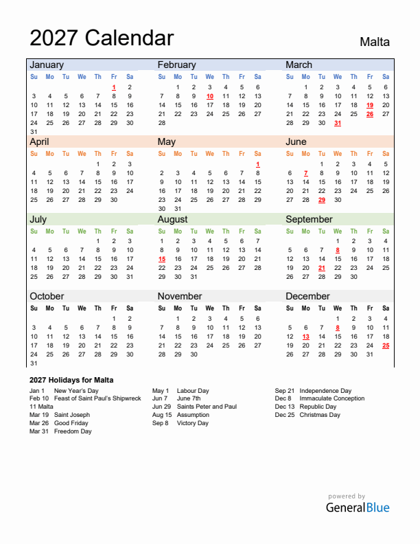 Calendar 2027 with Malta Holidays