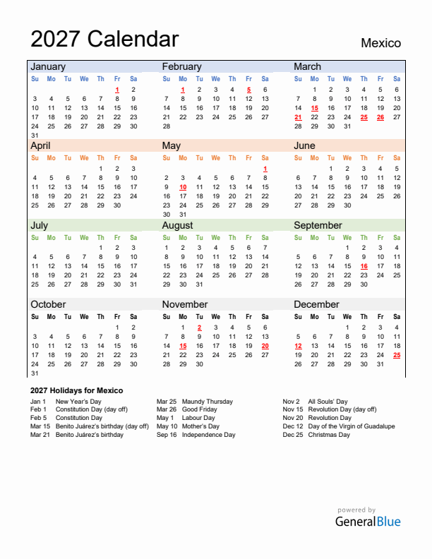 Calendar 2027 with Mexico Holidays