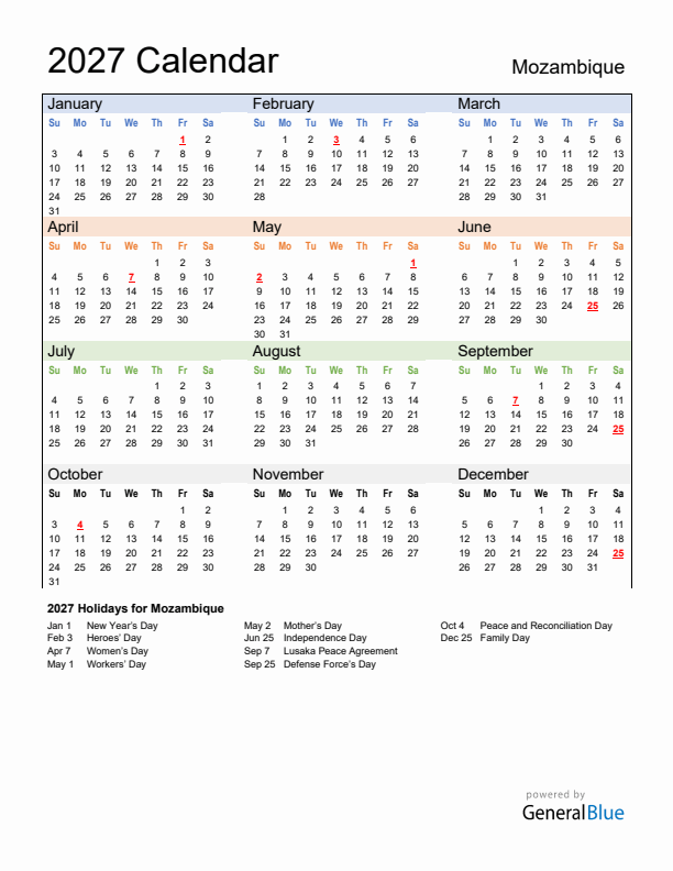 Calendar 2027 with Mozambique Holidays