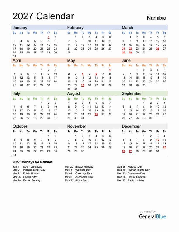 Calendar 2027 with Namibia Holidays