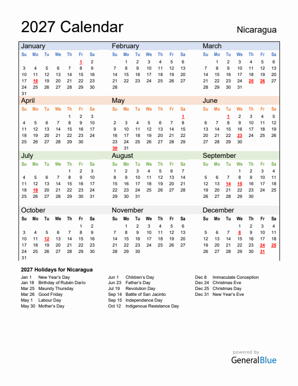 Calendar 2027 with Nicaragua Holidays