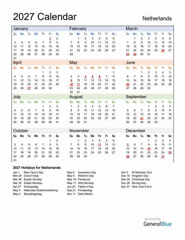 Calendar 2027 with The Netherlands Holidays