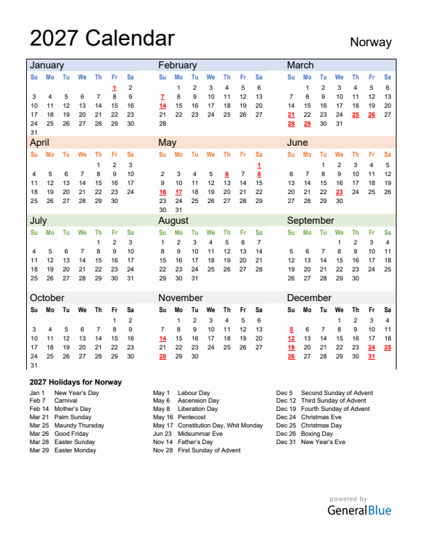 Calendar 2027 with Norway Holidays