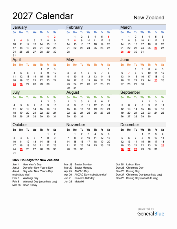 Calendar 2027 with New Zealand Holidays